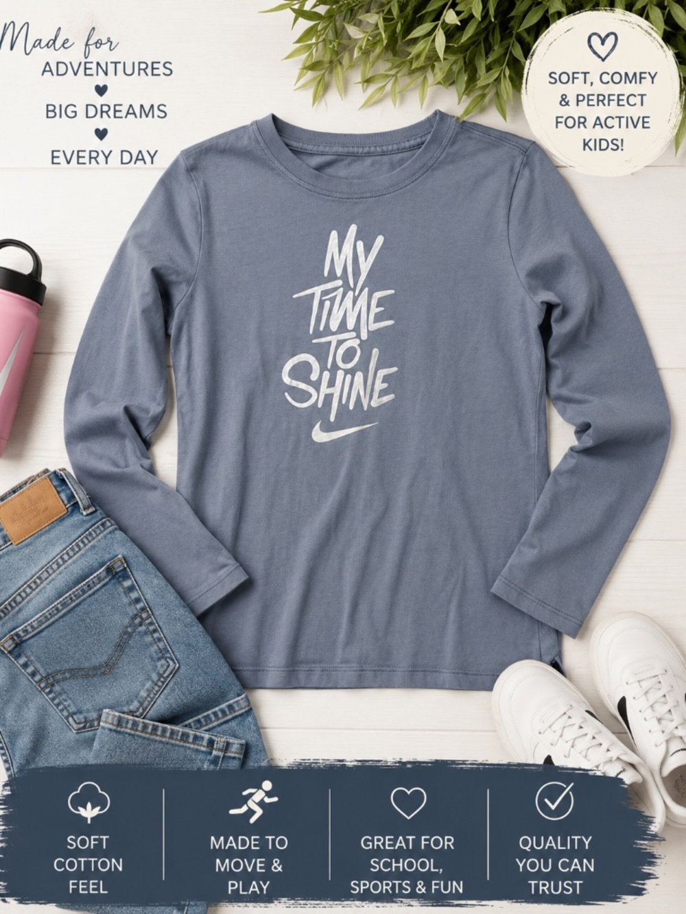 NIKE GIRLS “MY TIME TO SHINE” LONG SLEEVE TEE – SIZE XL